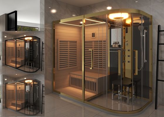 Relaxing Gold Frame Sauna Combined Steam Room For Home With Shower